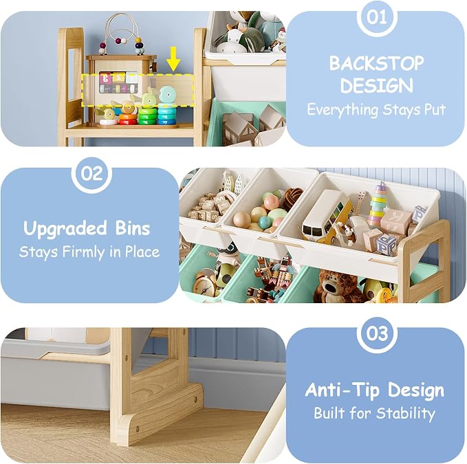 EXPERLAM Toy Storage Organizer, Toy Storage Shelf with 3 Shelves and 16 Storage Bins (12 Small + 4 Large), 3-in-1 Kids Bookshelf for Kids Rooms, Playroom, Nursery, Multi