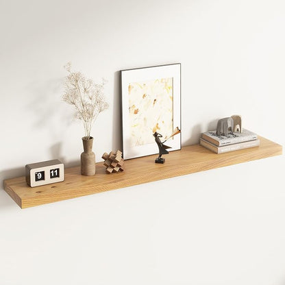Venusmiles Floating Shelves for Wall Decor, 8" Deep Solid Elm Wood Floating Shelves Wall Mounted, Rustic Wall Shelves with Invisible Bracket for Living Room Bathroom Bedroom Kitchen, 55 Inch, Natural