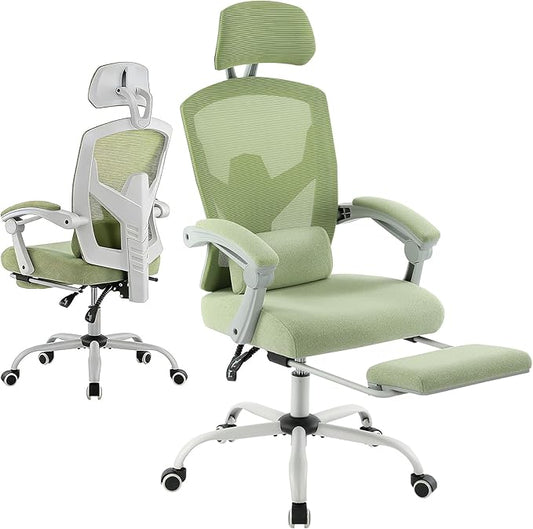 Home Office Desk Chair, Comfortable Mesh Computer Chair with Foot Rest, Reclining Gaming Chair with Headrest and Lumbar Support, 90°-130° Reclining, Light Green