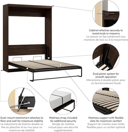 Bestar Pur Queen Size Murphy Bed in Black Walnut, 65-inch Space-Saving Sleeping Arrangement for Multipurpose Area, Bedroom, Guest Room, or Living Room