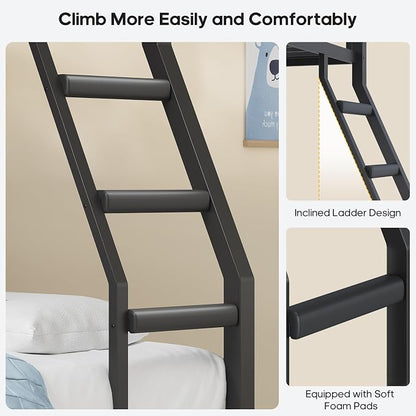 BTHFST Full Over Full Bunk Beds with 4 Storage Drawers & Shelves & Bedside Caddy, Bunk Bed with Charging Station & LED Lights, Full Size Bunk Bed with Safety Guardrail & Angled Ladder, Black & Grey