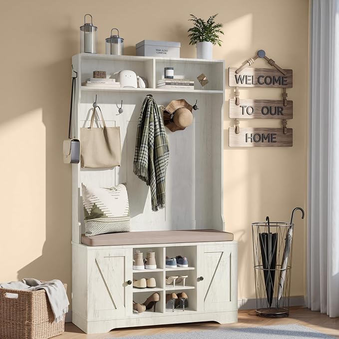 71" Hall Tree with Bench and Shoe Storage, Entryway Hall Tree with 2 Doors and 6 Adjustable Shelves, Cushioned Storage Bench with Coat Rack for Hallway, Living Room, Mudroom