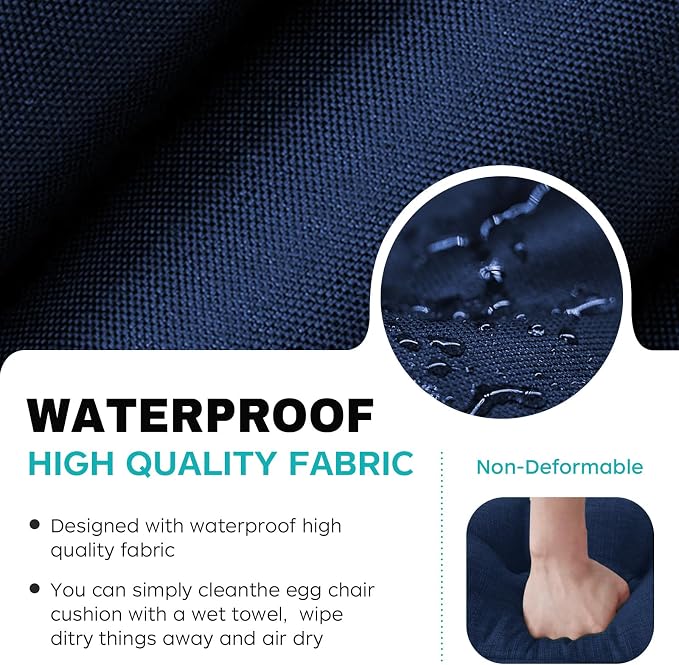 Egg Chair Cushion Replacement, Waterproof Thicken Hanging Egg Swing Chair Cushion for Outdoor Furniture, Wicker Rattan Hammock Basket Cushion with Headrest Pillow 47x31.5x4.7 inch(Blue)
