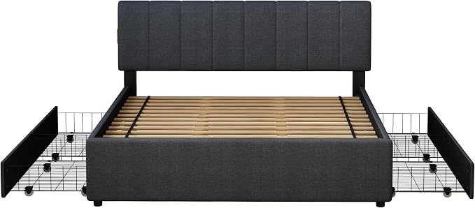 King Size Upholstered Platform Bed with 4 Storage Drawers | 4 Storage Drawers, USB/Type-C Charging,APP-Controlled LED Lights,No Box Spring Needed,Dark Grey Linen Fabric,Easy to Assemble