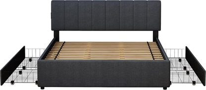 King Size Upholstered Platform Bed with 4 Storage Drawers | 4 Storage Drawers, USB/Type-C Charging,APP-Controlled LED Lights,No Box Spring Needed,Dark Grey Linen Fabric,Easy to Assemble