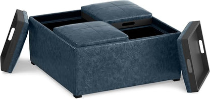 SIMPLIHOME Avalon 35 inch Wide Contemporary Square Coffee Table Storage Ottoman in Denim Blue Vegan Faux Leather, Assembled, For the Living Room and Bedroom