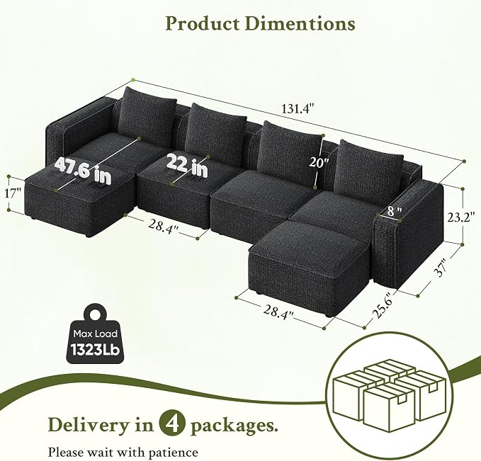 Welzona 132" Locked-in Modular Couch, Minimalist Modular Sectional Sofa, Tool-Free Setup U Shaped Couch & Ottoman, Wood Frame Sofas for Living Room, 22" Deep Seat Chenille Cloud Couch Sectional, Black