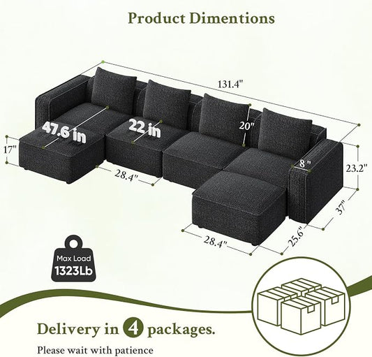 Welzona 132" Locked-in Modular Couch, Minimalist Modular Sectional Sofa, Tool-Free Setup U Shaped Couch & Ottoman, Wood Frame Sofas for Living Room, 22" Deep Seat Chenille Cloud Couch Sectional, Black