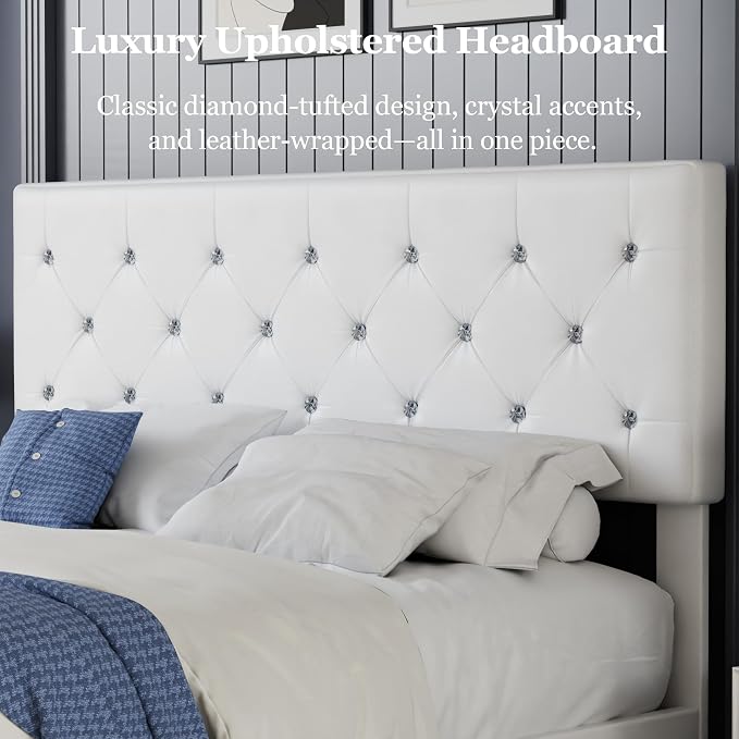VECELO Queen Size Bed Frame with 3 Storage Drawers, Leather Upholstered with Diamond Tufted Headboard, Solid Wood Slat Support & Steel Framework, PU & White
