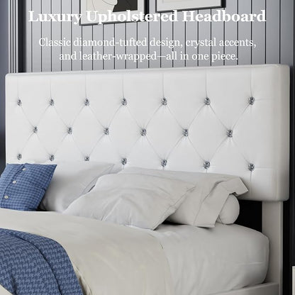 VECELO Full Size Bed Frame with 3 Storage Drawers, Leather Upholstered with Diamond Tufted Headboard, Solid Wood Slat Support & Steel Framework, PU & White