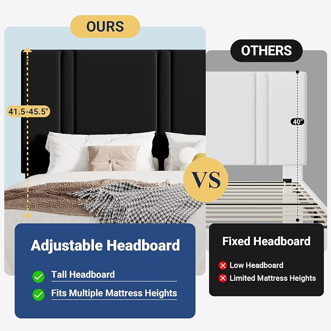 Allewie Queen Platform Bed Frame with Adjustable Headboard, Plush Velvet Upholstered, Vertical Channel Tufted, Sturdy Wooden Slats, No Box Spring Needed, Easy Assembly, Black