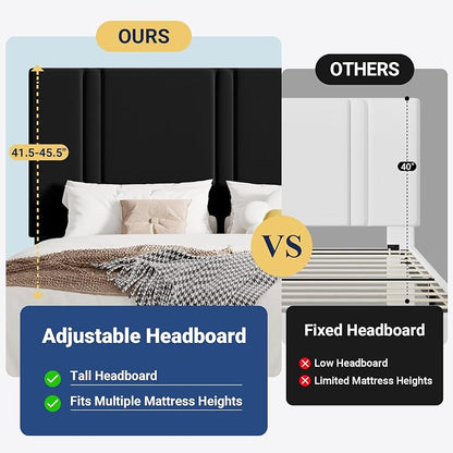Allewie Queen Platform Bed Frame with Adjustable Headboard, Plush Velvet Upholstered, Vertical Channel Tufted, Sturdy Wooden Slats, No Box Spring Needed, Easy Assembly, Black