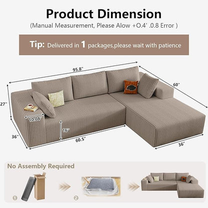 95" Cloud Sectional Couch with L-Shape Chaise, Modular Comfy Sofa Chaise Longue, Upholstered Corduroy Couches Sleeper with Deep Seat for Living Room Bedroom, No Assembly Required(Camel, Right Facing)