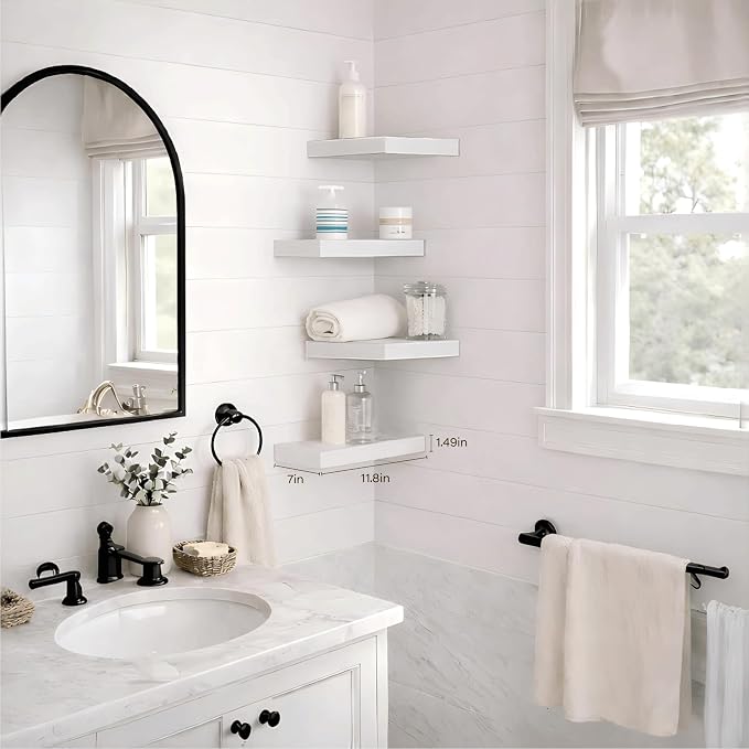 Bathroom Floating Shelves,11.8'' Wall Mounted Wood Shelves,Hanging Shelf for Books/Toiletries/Decor(White,Set of 4)