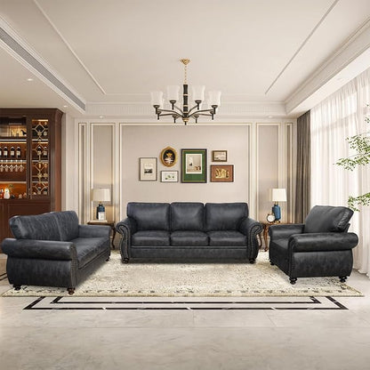 Couchus Living Room Furniture Sets,Sofa Sets and Couch Sets for Living Room,Mid-Century Vintage Sofa Couches with Rivet Design (Grey, Single+Loveseat+3 Seater)