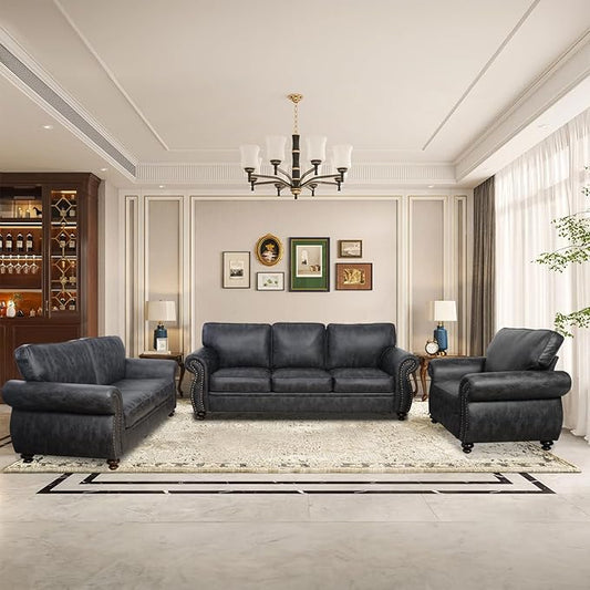 Couchus Living Room Furniture Sets,Sofa Sets and Couch Sets for Living Room,Mid-Century Vintage Sofa Couches with Rivet Design (Grey, Single+Loveseat+3 Seater)