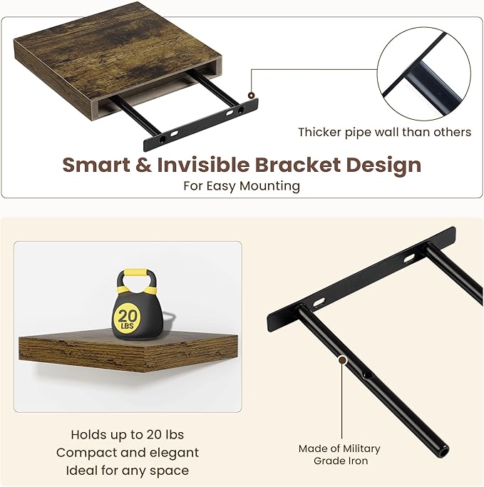 Fun Memories Floating Shelves for Wall - 7.5 Inch Square Shelves with Invisible Brackets, Small Wall Shelf for Living Room, Bathroom, Bedroom, and Kitchen Decor Brown Set of 3