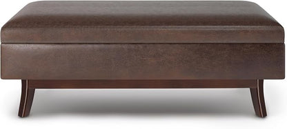 SIMPLIHOME Owen Rectangular Storage Ottoman - 48 inch Wide Upholstered Vegan Leather Lift-Top Ottoman in Distressed Chestnut Brown, Mid-Century Modern Ottoman for Living Room with Tufted Detail