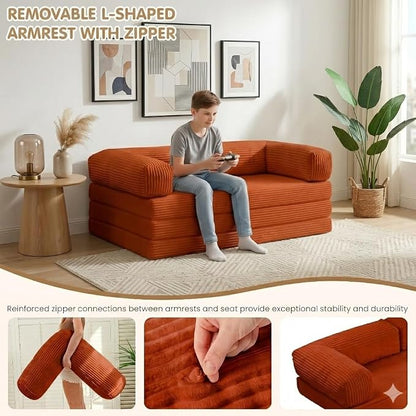 Convertible Sofa Bed Queen,5-in-1 Boneless Couch with Removable Armrests & Handle,Corduroy Futon Sleeper Sofa,Floor Folding Mattress Pull Out Bed for Small Space Apartment Living Room Bedroom,Orange