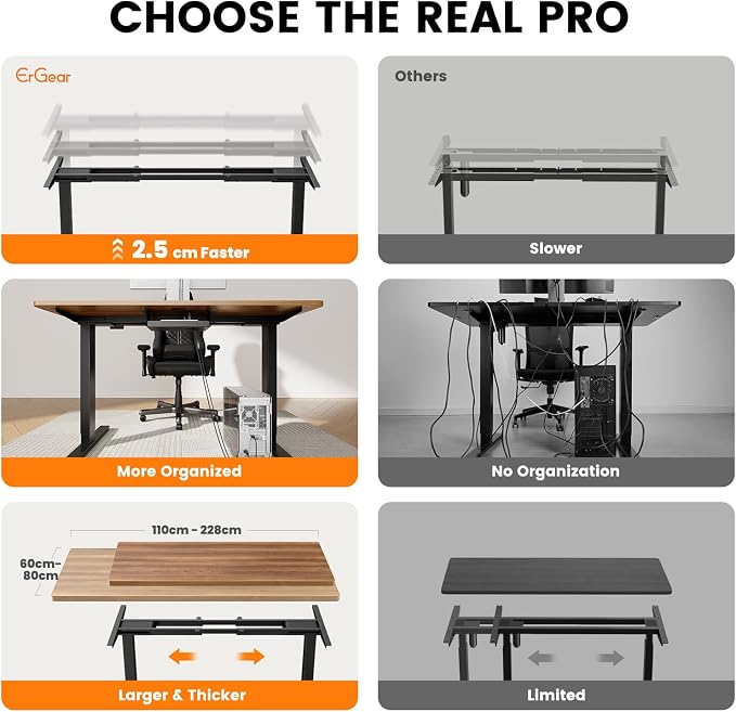 ErGear Dual Motor Standing Desk Frame, Electric Adjustable Legs Compatible Desktop Size 44″-90″, 264 lbs Weight Capacity, 4 Memory Height Settings Stand up Desks Base, Black Frame Only