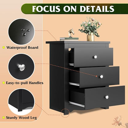 WLIVE Tall Nightstand with Charging Station, Wood Night Stand with 3 Drawers Storage, Bedside Table End Side Tables with 2 USB Ports and Outlets for Bedroom, Closet, Black