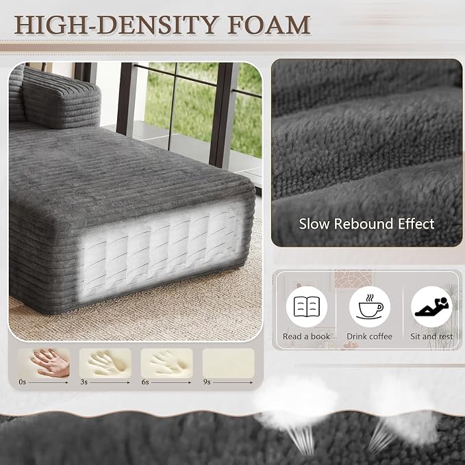 95" Cloud Sectional Couch U-Shaped Chaise with Ottoman, Corduroy Boneless Couch for Living Room Bedroom, Deep-Seat Upholstered Modular Cloud Sofa, No Assembly Required (Grey, Right Facing Chaise)