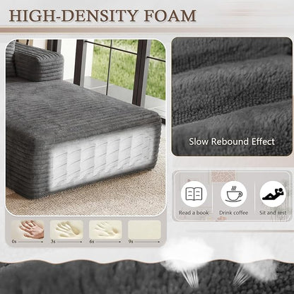 95" Cloud Sectional Couch U-Shaped Chaise with Ottoman, Corduroy Boneless Couch for Living Room Bedroom, Deep-Seat Upholstered Modular Cloud Sofa, No Assembly Required (Grey, Right Facing Chaise)