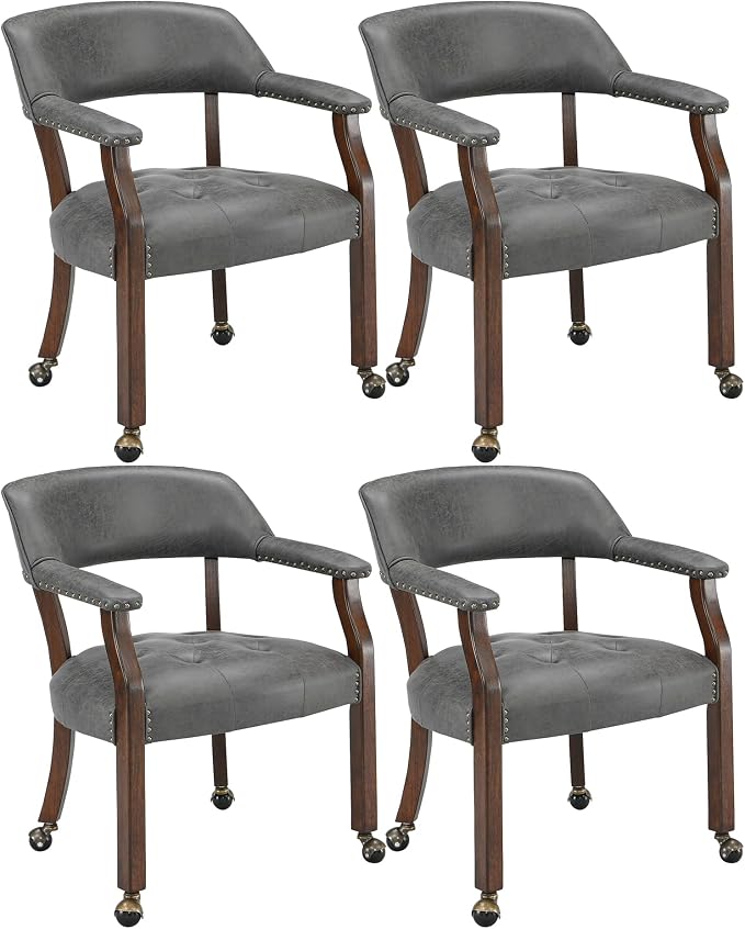 LEEMTORIG Set of 4 Dining Chairs with Casters and Arms, Rolling Dining Chairs with Wheels for Elderly, Ergonomic Wide Seat Wooden Office Chair, 26" Dx25.2 W, Cherry Legs&Dark Grey Fabric SY-1533-GY
