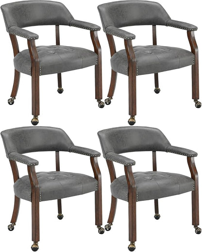 LEEMTORIG Set of 4 Dining Chairs with Casters and Arms, Rolling Dining Chairs with Wheels for Elderly, Ergonomic Wide Seat Wooden Office Chair, 26" Dx25.2 W, Cherry Legs&Dark Grey Fabric SY-1533-GY