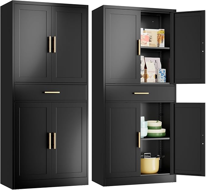 Metal Kitchen Pantry Cabinet, 71"Tall Cabinet with 1 Drawer, Doors and 2 Adjustable Shelves, Pantry Cabinets for Kitchen Storage, Metal Storage Cabinet for Kitchen, Dining Room, Living Room- Black