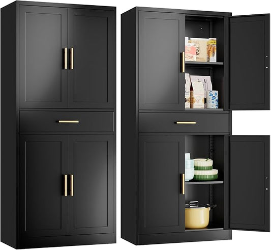 Metal Kitchen Pantry Cabinet, 71"Tall Cabinet with 1 Drawer, Doors and 2 Adjustable Shelves, Pantry Cabinets for Kitchen Storage, Metal Storage Cabinet for Kitchen, Dining Room, Living Room- Black