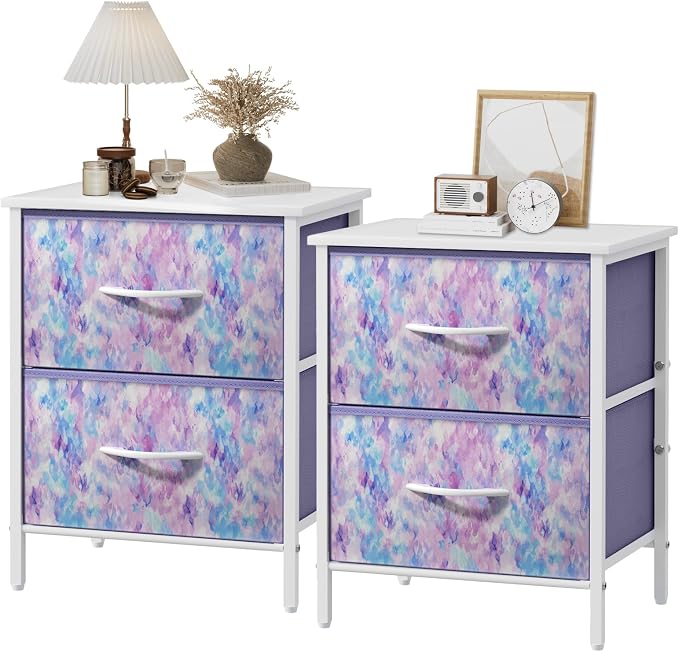 Stero Nightstand Set of 2, Kids Dresser with 2 Drawers, Steel Frame Bedside Furniture, Wood Top Fabric Night Stand, Colorful End Table for Home, Bedroom, Office, Tie-dye Purple