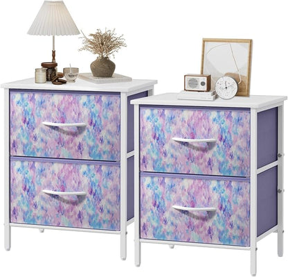 Stero Nightstand Set of 2, Kids Dresser with 2 Drawers, Steel Frame Bedside Furniture, Wood Top Fabric Night Stand, Colorful End Table for Home, Bedroom, Office, Tie-dye Purple