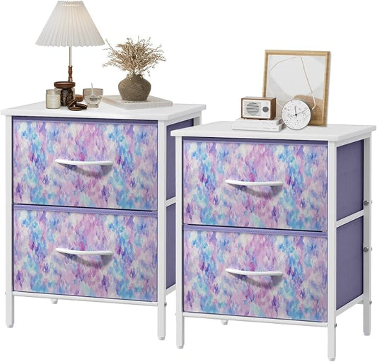 Stero Nightstand Set of 2, Kids Dresser with 2 Drawers, Steel Frame Bedside Furniture, Wood Top Fabric Night Stand, Colorful End Table for Home, Bedroom, Office, Tie-dye Purple