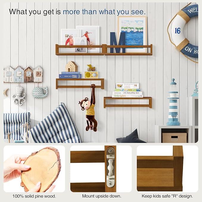 Forbena Dark Wood Nursery Kids Bookshelf Wall Mounted, Wooden Floating Nursery Book Shelves for Wall, Hanging Kids Bookshelves for Toddler Baby Room Bedroom Bathroom (Solid Pine, Walnut Brown, 4 Pack)