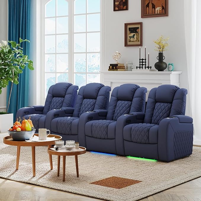 Weilianda Home Theater Seating Top Grain Leather Zero Gravity Recliner Chair Power Headrest Recline Movie Seat Gaming 7 Colors Mood Light Sofa with Tray Table USB Charge Row of 4 Blue