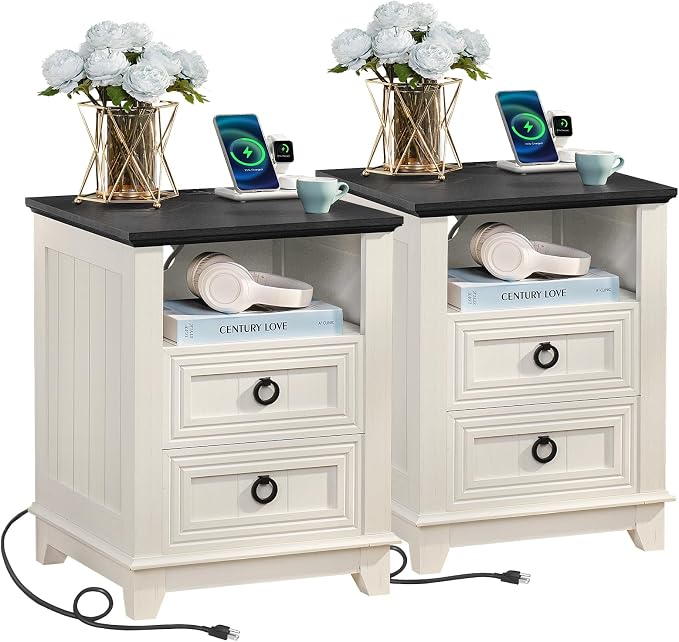 Joaxswe 18" Farmhouse Night Stands Set of 2 with Charging Station, 2 Drawers End Table Dresser for Bedroom， Wooden Nightstand, Bed Side Table with Open Shelf, Bedside Cabinet for Living Room（White）