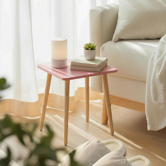 FORAOFUR Small Accent Table, Modern Mini Coffee Table with Natural Wood Legs, Quick Assembly End Furniture for Bedroom Living Area Sofa, Minimalist Design for Nuresery and Compact Homes, Pink
