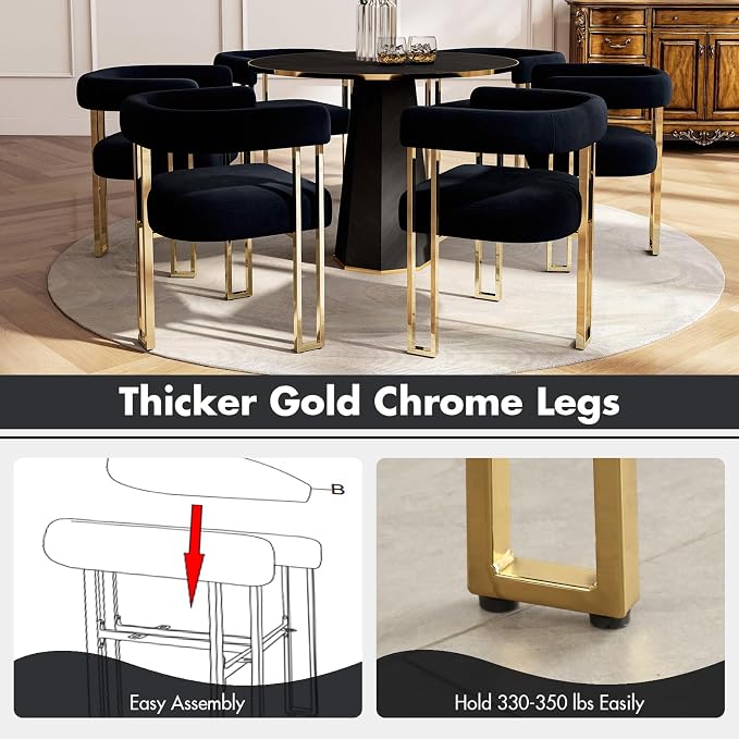 Hyfirm Black and Gold Modern Dining Chairs Set of 2, Velvet Upholstered Barrel Armchairs with Metal Legs for Kitchen Island, Mid Century Accent Chairs for Dining Room Living Room, Open-Back
