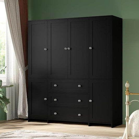 VOWNER Armoire Wardrobe Closet with Drawers and Mirror, 71" Clothing Storage Cabinet with Hanging Rod, 6 Doors Wooden Wardrobe Cabinet for Bedroom, Large Capacity Storage