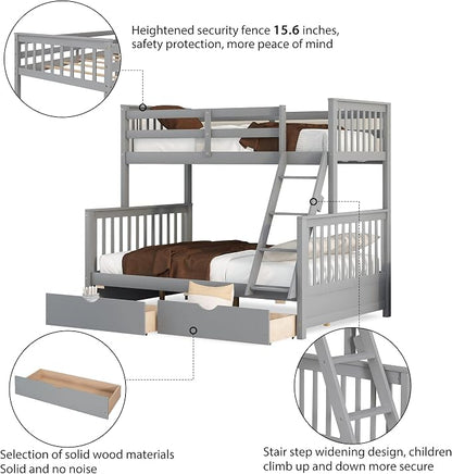 Merax Wood Bunk Bed with Drawers,Convertible Wood Bunk Bed with Ladders and Two Storage Drawers,Solid Wood Detachable Bed Frame with Ladders,Twin Over Full Size,Grey