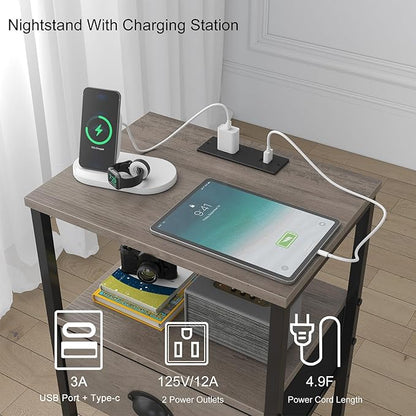 sthmec Nightstands Set of 2, Night Stands with Charging Station and Fabric Drawer, Grey Bedside Tables with Drawers, 2- Tier Side Table with Storage, Nightstands with Charging Station,Grey