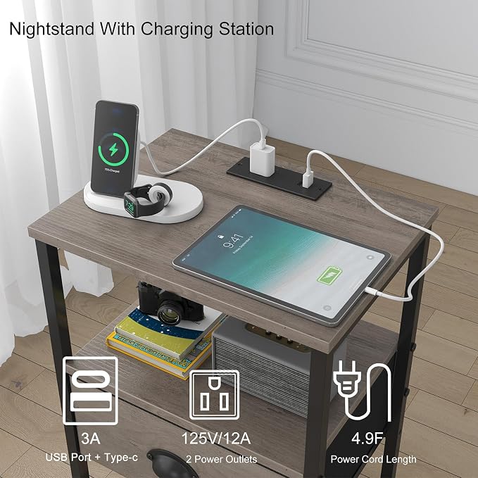 sthmec Nightstands Set of 2, LED Night Stands with Charging Station and Fabric Drawer, Bedside Tables with Drawers, 2- Tier LED Side Table End Table Charging Station Bedroom, Grey