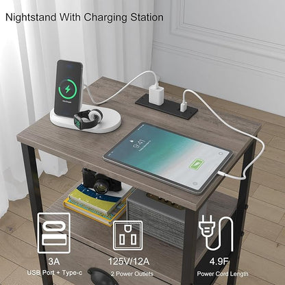 sthmec Nightstands Set of 2, LED Night Stands with Charging Station and Fabric Drawer, Bedside Tables with Drawers, 2- Tier LED Side Table End Table Charging Station Bedroom, Grey