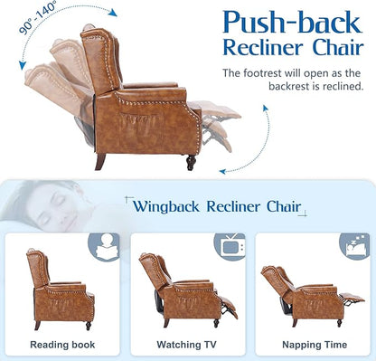 Wingback Recliner Chair with Heat and Massage, PU Leather Push Back Recliner Chair for Living Room, Vintage Wingback Recliner with Remote Control,Padded Cushion,Backrest,Wooden Legs