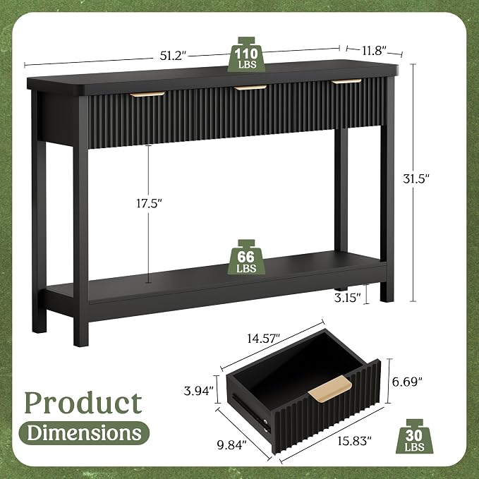 Lulive Fluted Console Table, 51 Inch Entryway Table with 3 Drawers | Scandi farmhouse look with quiet full-extension slides, open lower shelf, profile for hallway, entry, foyer or behind sofa.