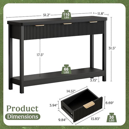 Lulive Fluted Console Table, 51 Inch Entryway Table with 3 Drawers | Scandi farmhouse look with quiet full-extension slides, open lower shelf, profile for hallway, entry, foyer or behind sofa.
