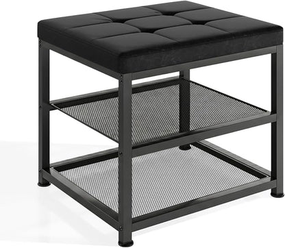 Small Shoe Storage Bench with PU Leather Seat Cushion, 3-Tier Freestanding Shoe Rack Organizer for Entryway, Heavy-Duty Metal Mesh Shelves, Supports Up to 300 lbs, Black (15.7"x11.4"x17.5")
