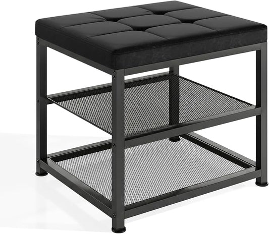 Small Shoe Storage Bench with PU Leather Seat Cushion, 3-Tier Freestanding Shoe Rack Organizer for Entryway, Heavy-Duty Metal Mesh Shelves, Supports Up to 300 lbs, Black (15.7"x11.4"x17.5")