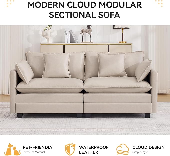 76'' Cloud Deep Seat Loveseat, Upholstered Leather Modular 2-Seats Sectional Sofa Couch, Modern Comfy Settee Loveseat for Living Room Set, Small Apartment, Leather Beige